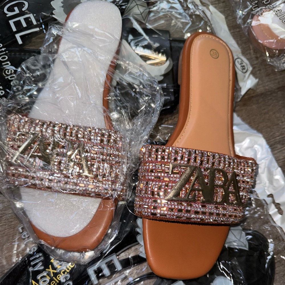 Zara Women's Tan Embellished Slide Sandals